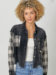 Black Mix Plaid Contrasting Distressed Bottom Corduroy Shacket