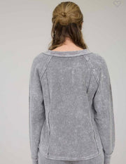 Charcoal Washed Ribbed Long Sleeve  Split Neck Top With Matching Drawstring Pants/ SET