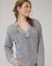 Charcoal Washed Ribbed Long Sleeve  Split Neck Top With Matching Drawstring Pants/ SET