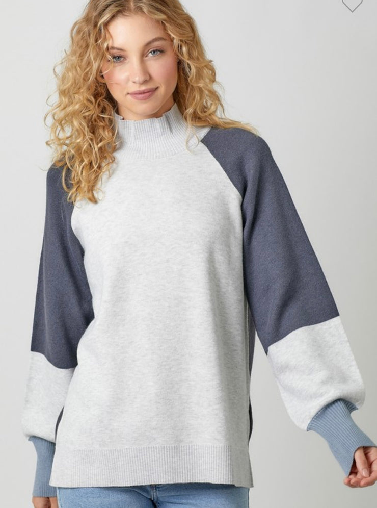 Grey/Blue Mock Neck Color Block Sweater