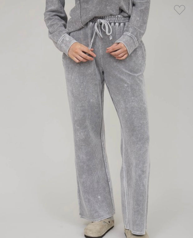 Charcoal Washed Ribbed Long Sleeve  Split Neck Top With Matching Drawstring Pants/ SET