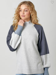 Grey/Blue Mock Neck Color Block Sweater