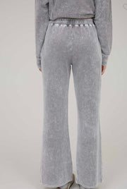 Charcoal Washed Ribbed Long Sleeve  Split Neck Top With Matching Drawstring Pants/ SET