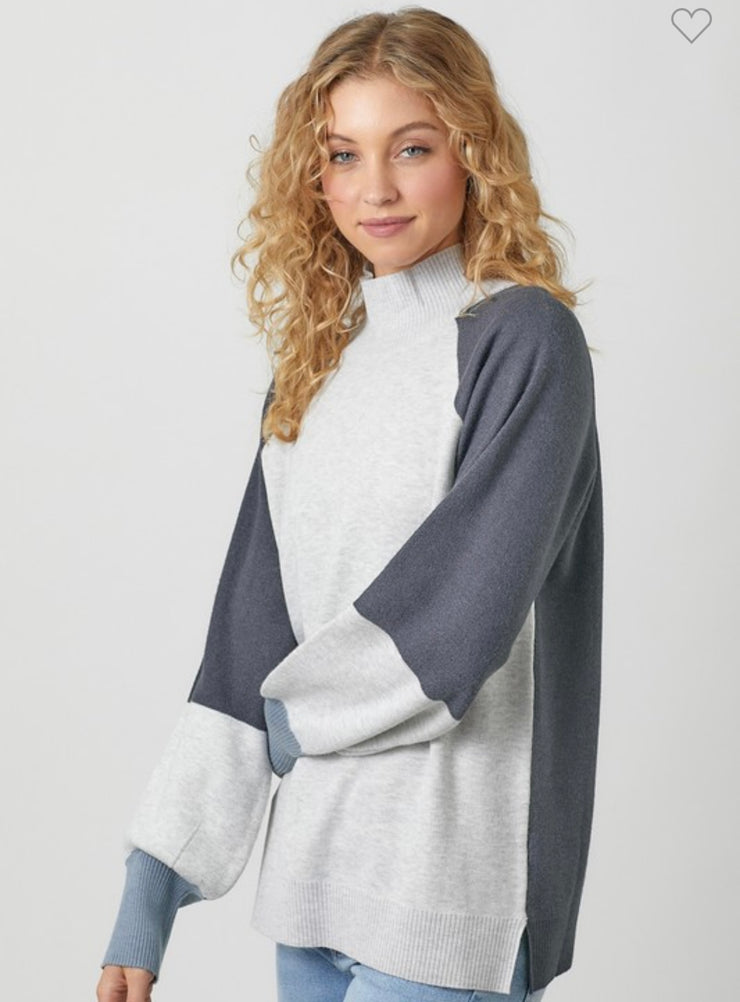 Grey/Blue Mock Neck Color Block Sweater