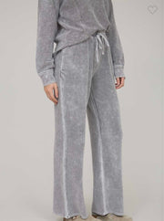 Charcoal Washed Ribbed Long Sleeve  Split Neck Top With Matching Drawstring Pants/ SET