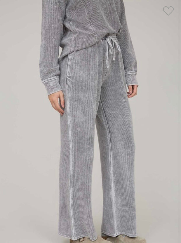 Charcoal Washed Ribbed Long Sleeve  Split Neck Top With Matching Drawstring Pants/ SET