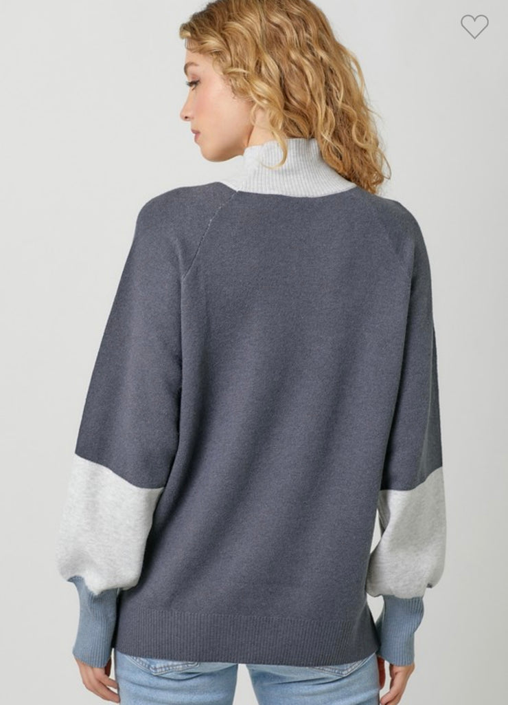 Grey/Blue Mock Neck Color Block Sweater