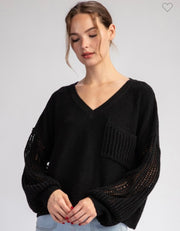 Black Open Knit Detail V Neck Sweater