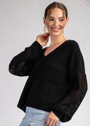 Black Open Knit Detail V Neck Sweater