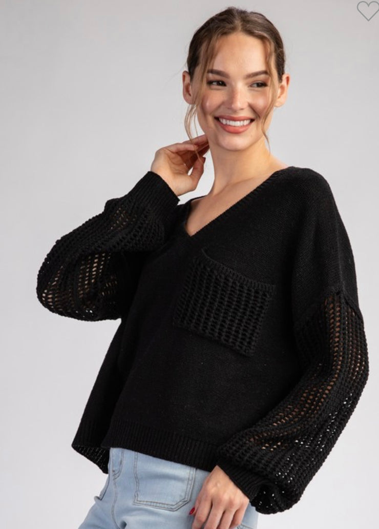 Black Open Knit Detail V Neck Sweater