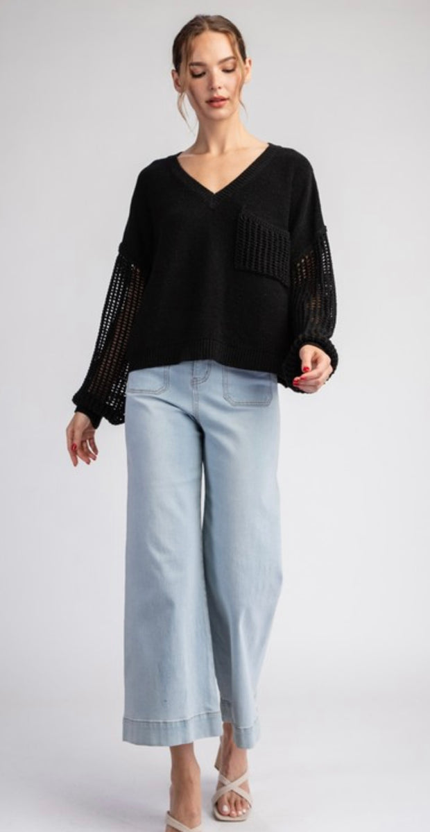 Black Open Knit Detail V Neck Sweater