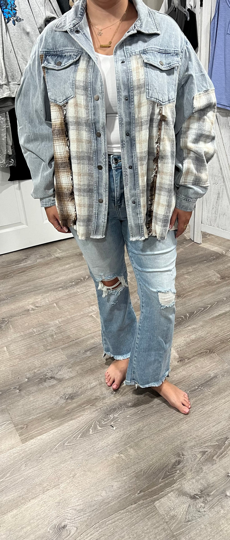 Denim-Heather Grey Snap Button Denim Plaid Jacket