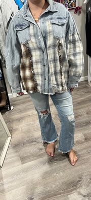 Denim-Heather Grey Snap Button Denim Plaid Jacket