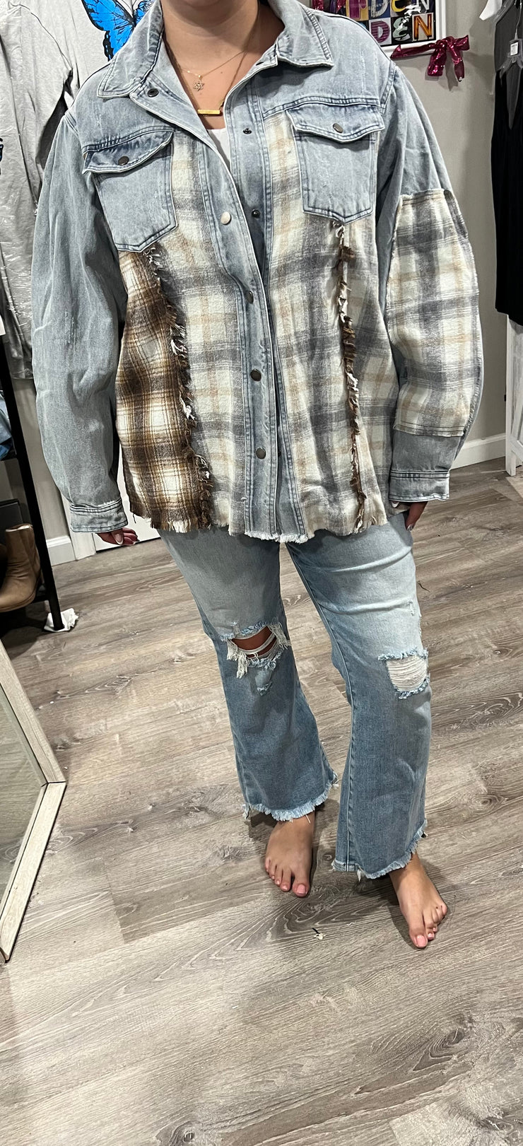 Denim-Heather Grey Snap Button Denim Plaid Jacket