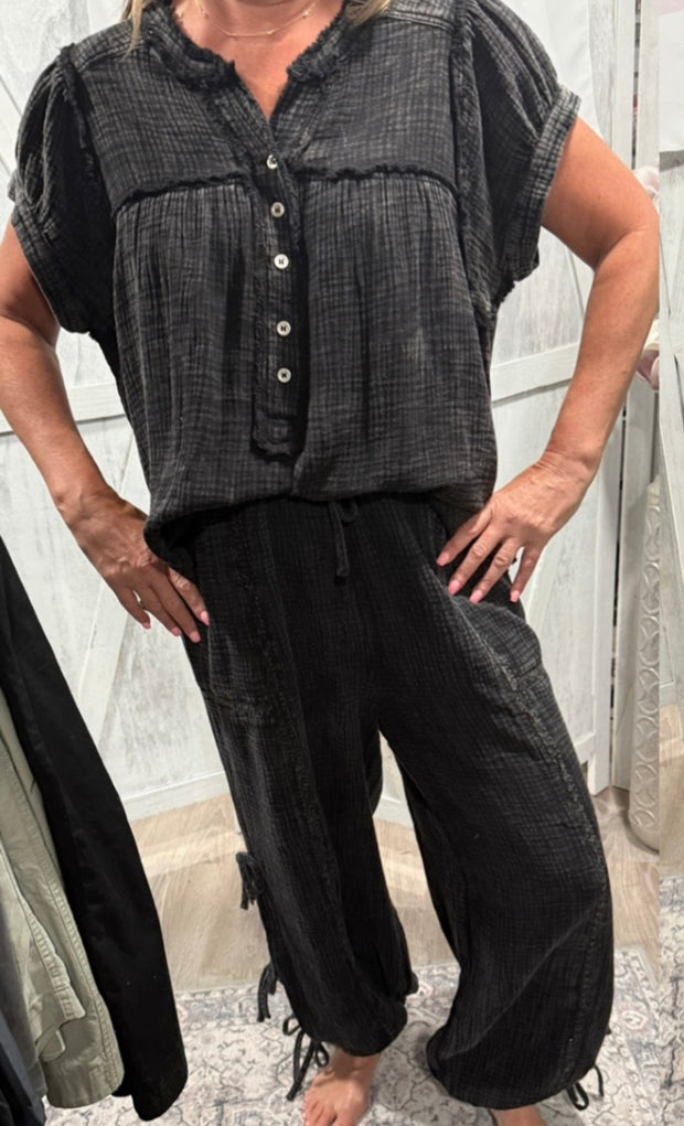 Black Mineral Wash Cotton Gauze Short Sleeve Top- Matching Side Tie Pants Available