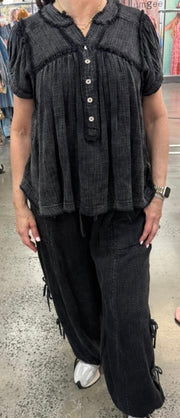 Black Mineral Wash Cotton Gauze Short Sleeve Top- Matching Side Tie Pants Available