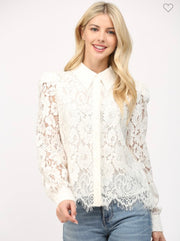 Cream Scallop Edge Lace Button Down Top