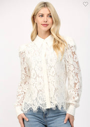 Cream Scallop Edge Lace Button Down Top