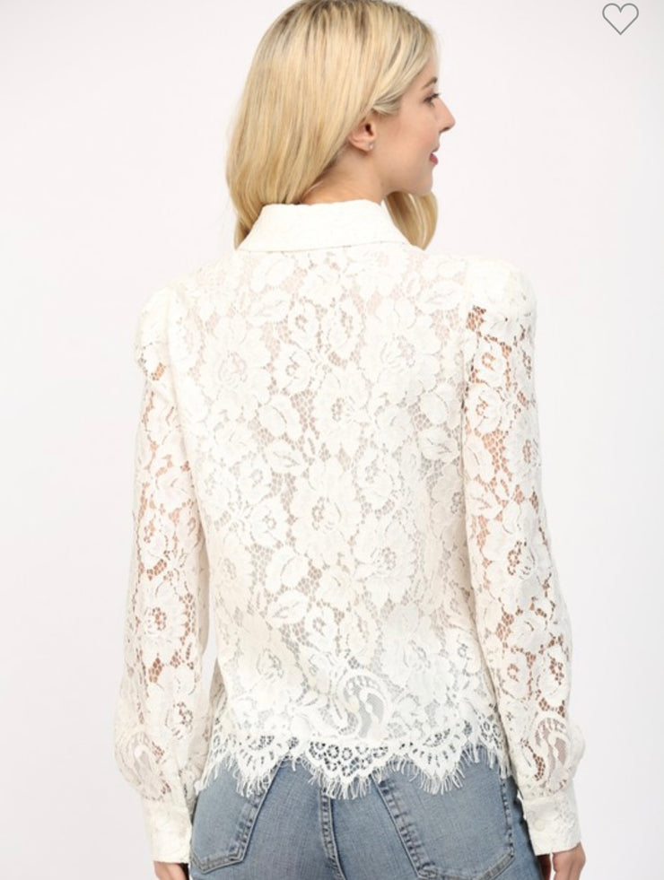 Cream Scallop Edge Lace Button Down Top