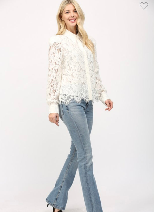 Cream Scallop Edge Lace Button Down Top