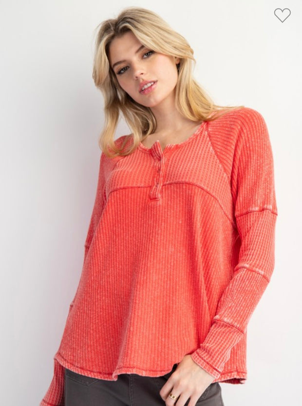 Boho Red Thermal Knit Mineral Wash Henley Top