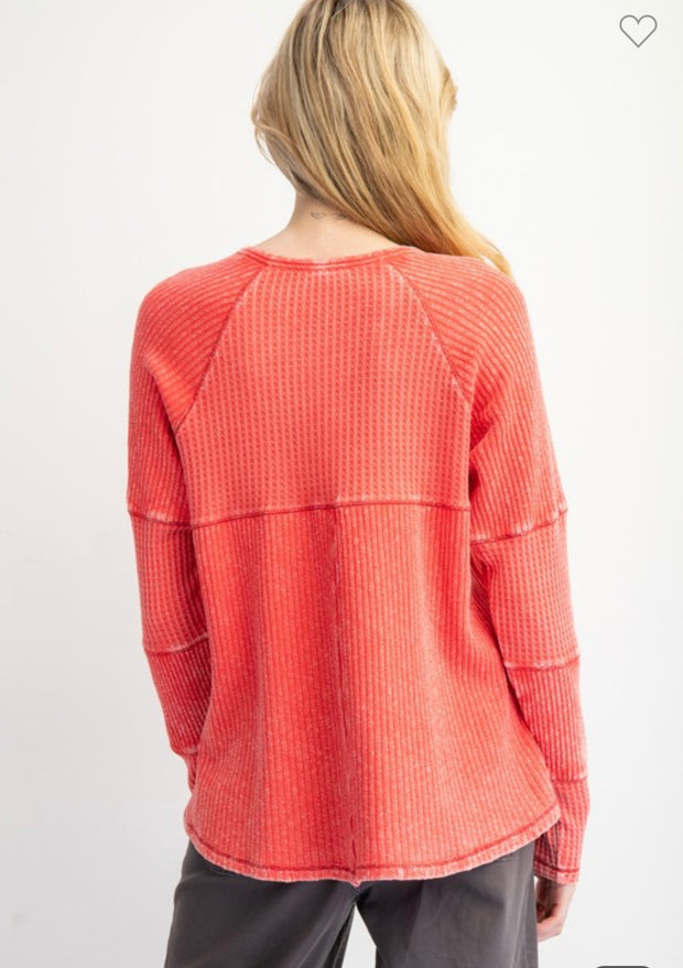 Boho Red Thermal Knit Mineral Wash Henley Top