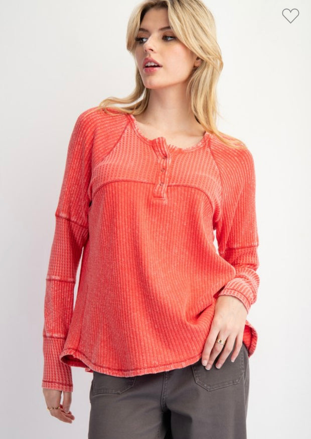 Boho Red Thermal Knit Mineral Wash Henley Top