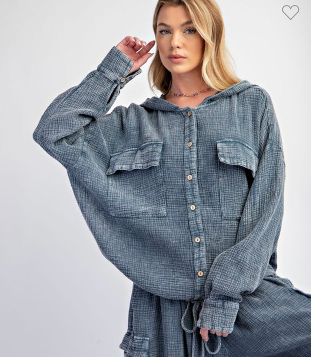 Denim Blue Washed Button Down Gauze Hoodie