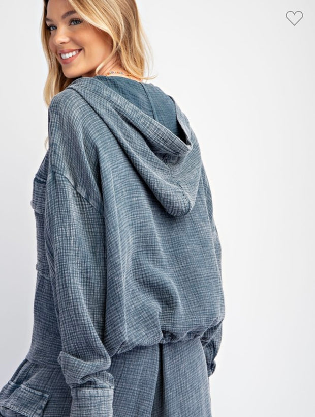 Denim Blue Washed Button Down Gauze Hoodie