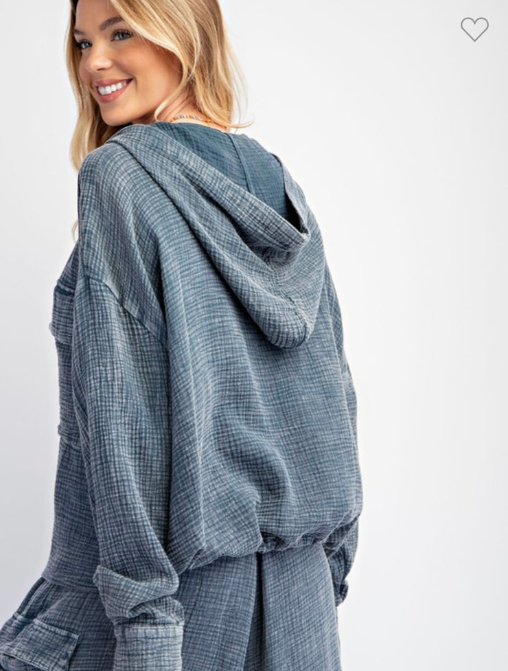 Denim Blue Washed Button Down Gauze Hoodie