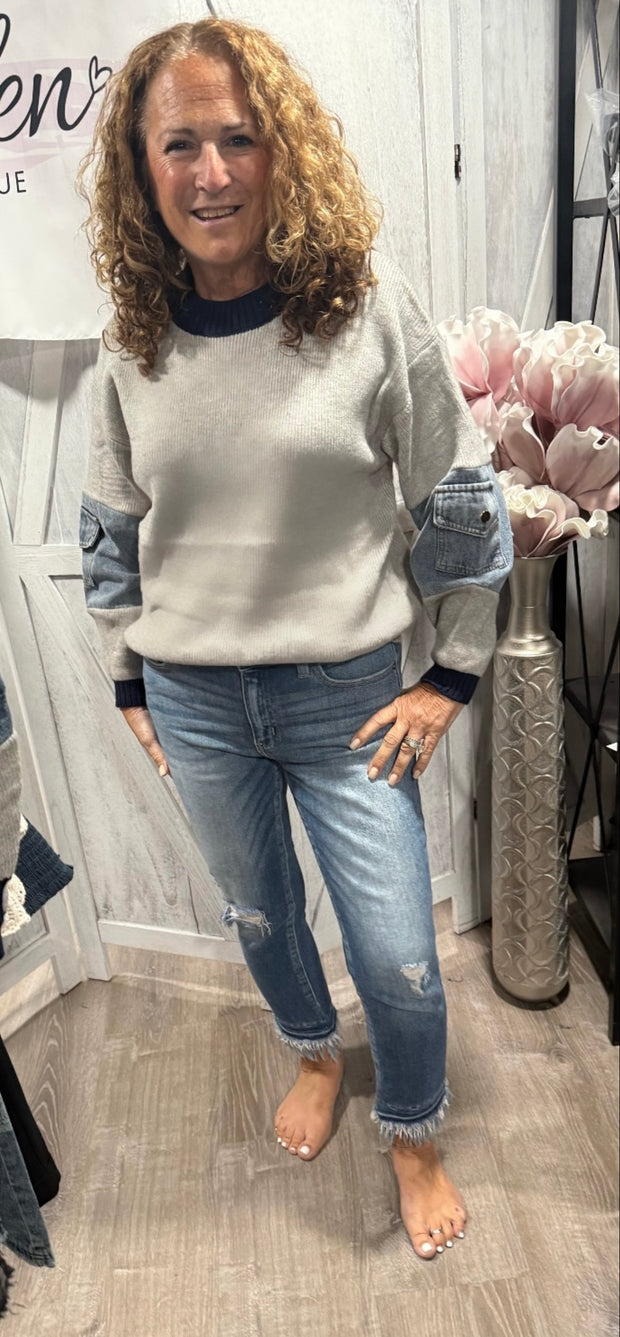 Light Grey Sweater With Denim Pocket Detail