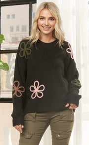 Black Crew Neck Sweater With Muliti Color Floral Embellishment