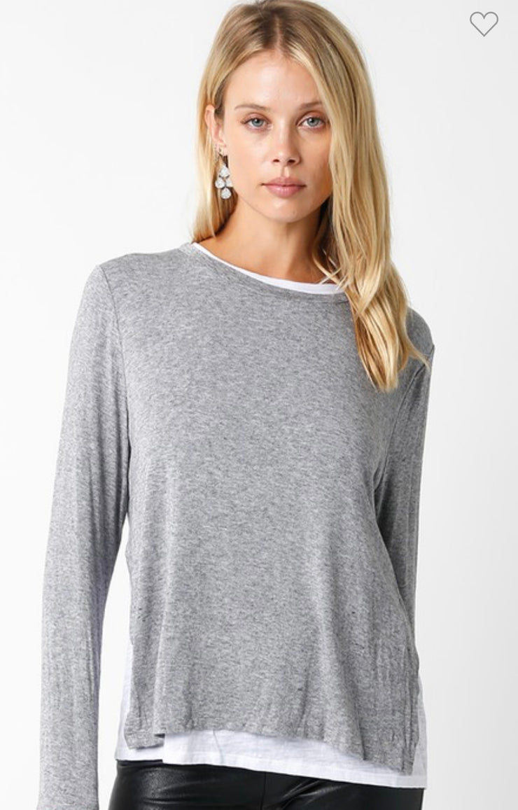 Grey/White Lined Crew Neck Top- Available in Black & Slate Blue Too