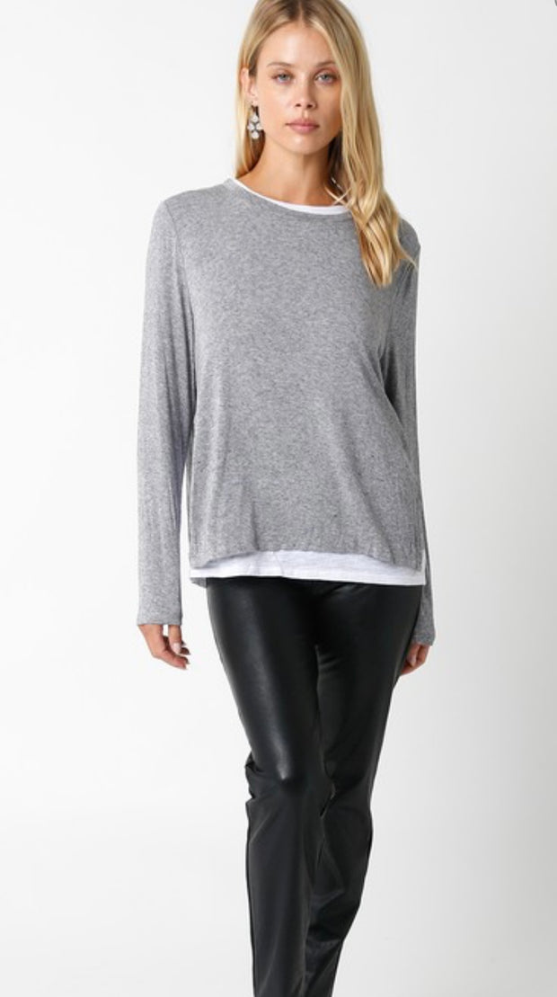 Grey/White Lined Crew Neck Top- Available in Black & Slate Blue Too