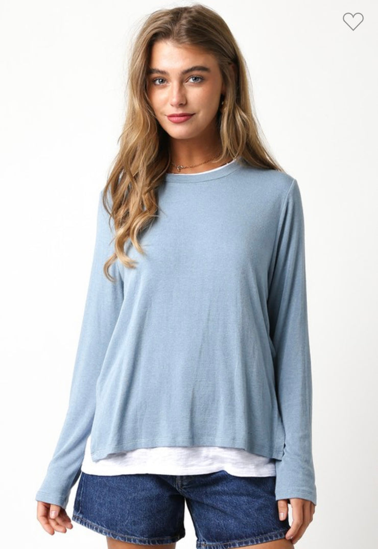 Slate Blue/White Lined Crew Neck Top- Available in Grey & Black Too