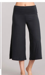 Black Buttery Soft Wide Leg Gaucho Pants With Fold Over Waistband