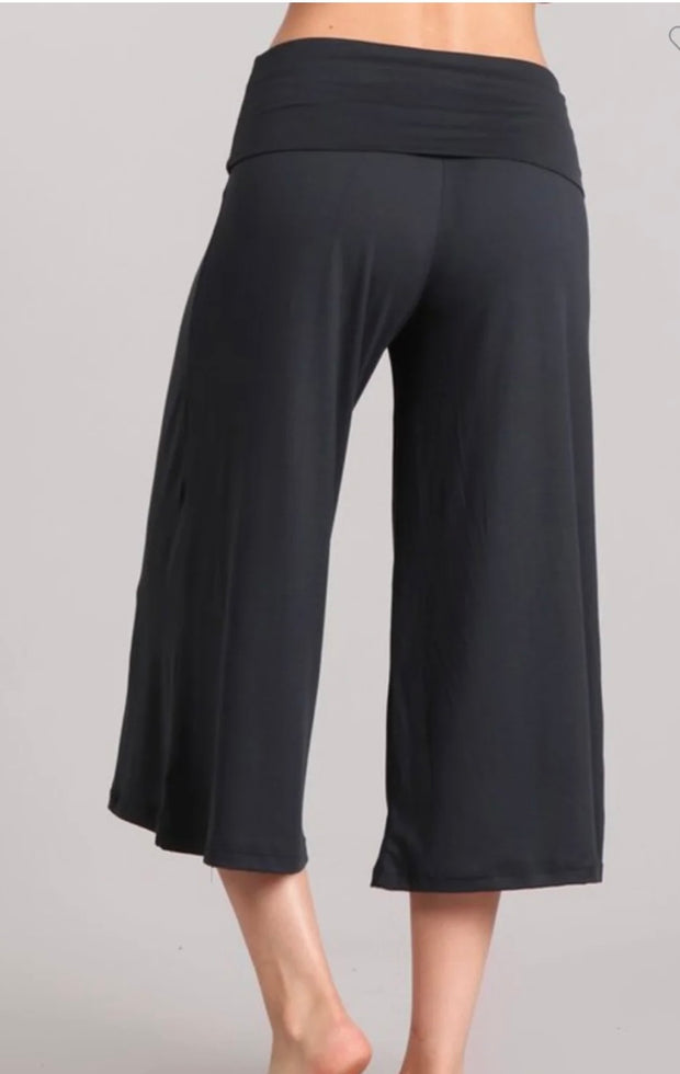 Black Buttery Soft Wide Leg Gaucho Pants With Fold Over Waistband