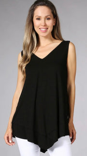 Black V Neck Tank With Raw Edge Asymmetrical Pointed Hem