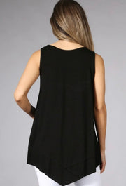 Black V Neck Tank With Raw Edge Asymmetrical Pointed Hem