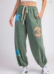 Sage Mineral Washed Star Patch Jogger Pants- Matching Top Available