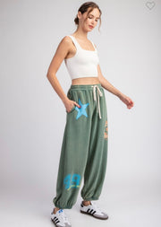 Sage Mineral Washed Star Patch Jogger Pants- Matching Top Available