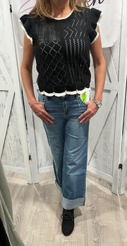 Black Multi Pattern Contrast Ruffle Sweater