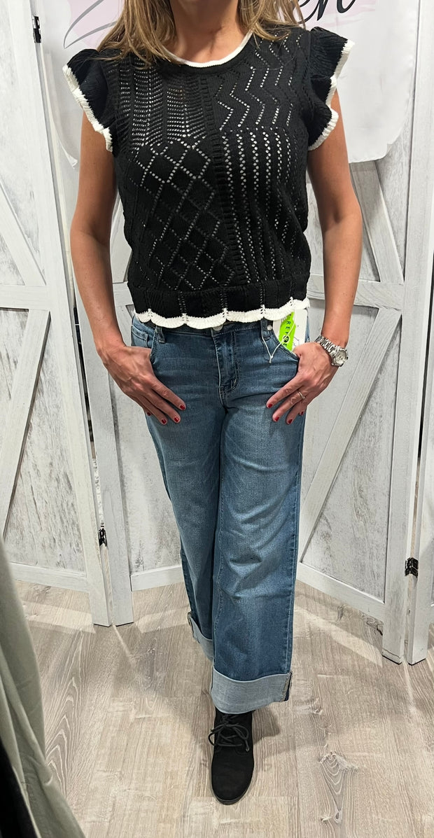 Black Multi Pattern Contrast Ruffle Sweater