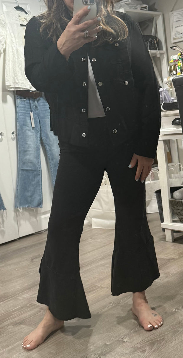 Black Washed Cropped Pant With Ruffle Slit Hem