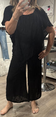 Black Floral Embroidered Gaucho Asymmetric Pant- Matching Top Available
