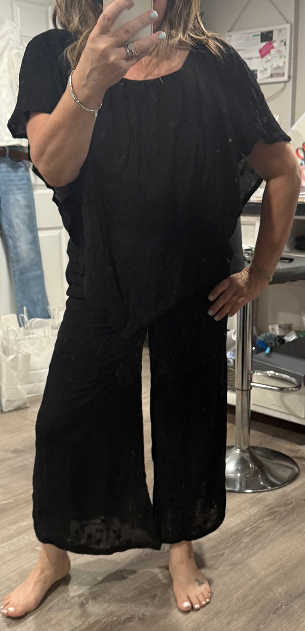 Black Floral Embroidered Gaucho Asymmetric Pant- Matching Top Available