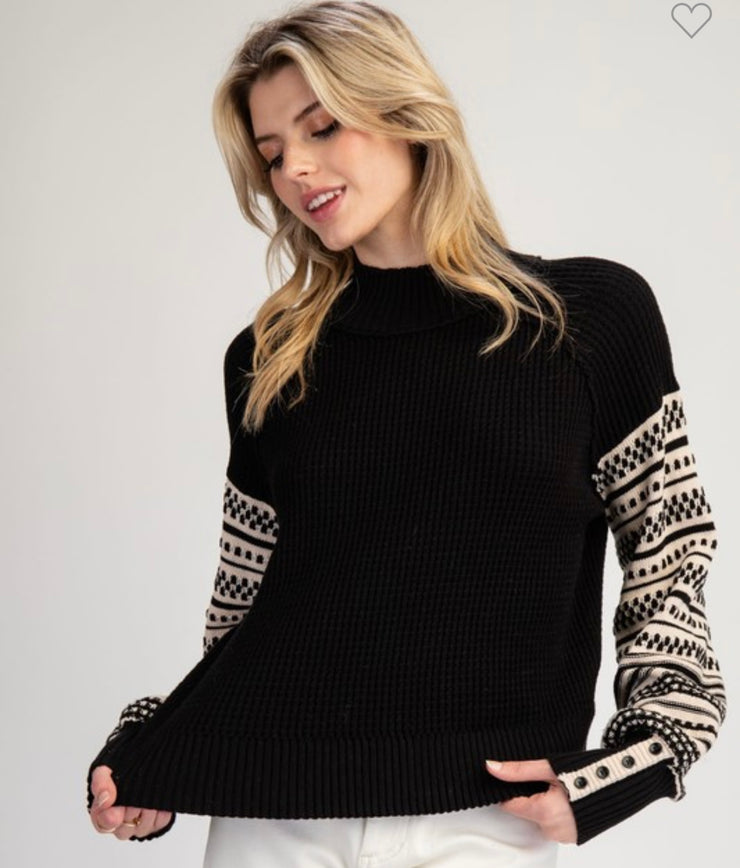 Black Pattern Sleeve Thermal  Knit Top