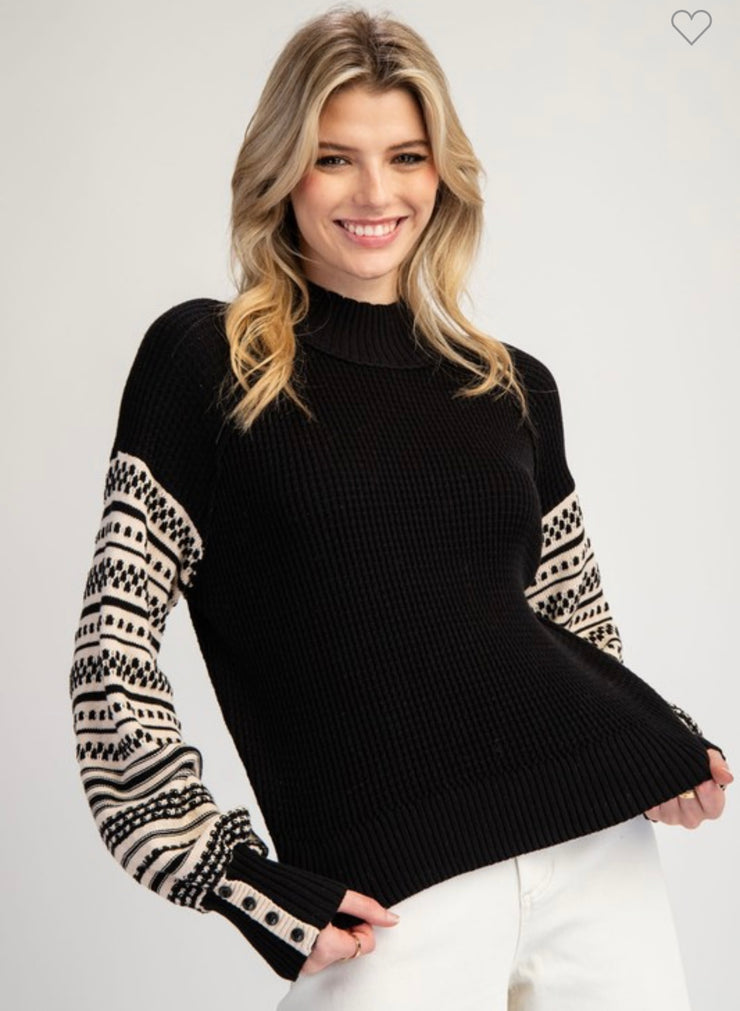 Black Pattern Sleeve Thermal  Knit Top