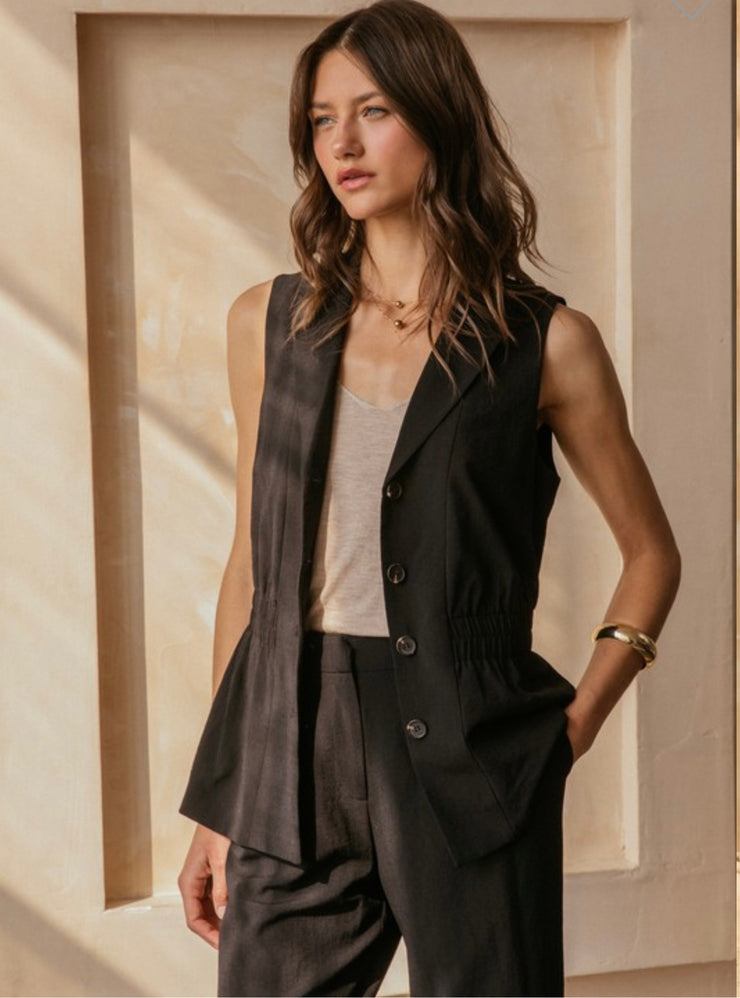 Black Button Down Vest With Matching Pleated Wide Leg Pants- SET!