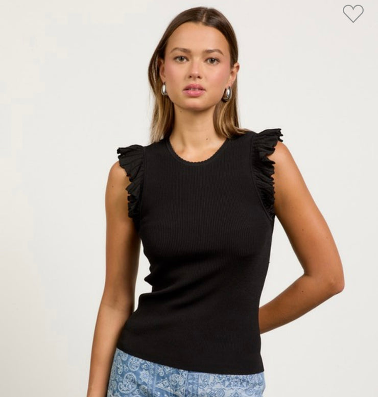 Black Ribbed Ruffle Sleeve Top